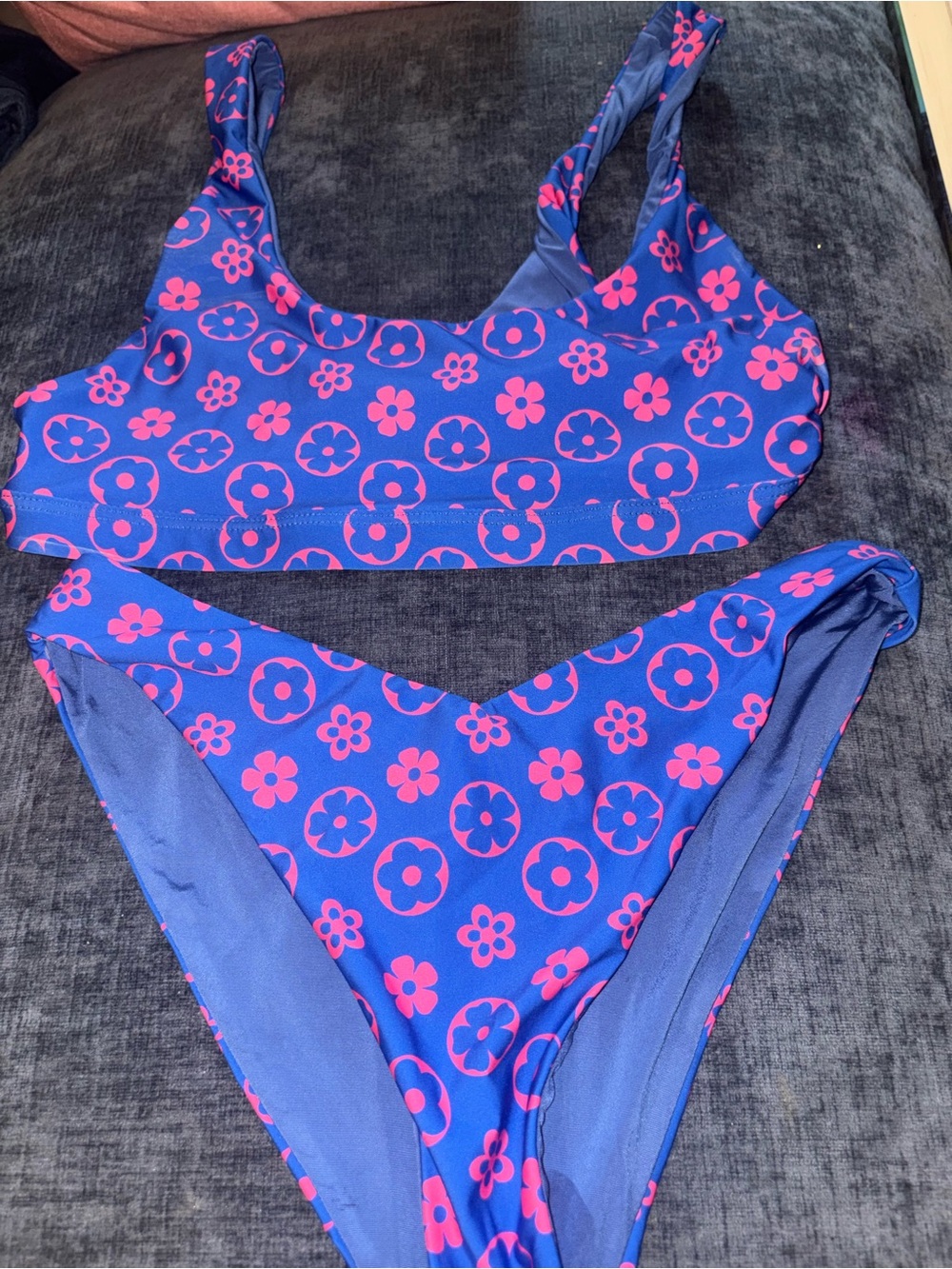 Beach Riot Retro Flower Print Bikini Set Blue Pink Size M Wavy Floral